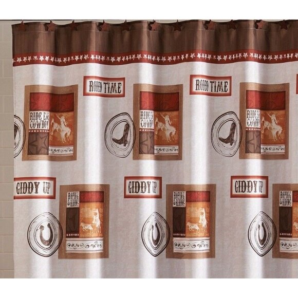 Rodeo Time Shower Curtain Cowboy Riding Boots Horse Country Stars Brown Western - Picture 3 of 3